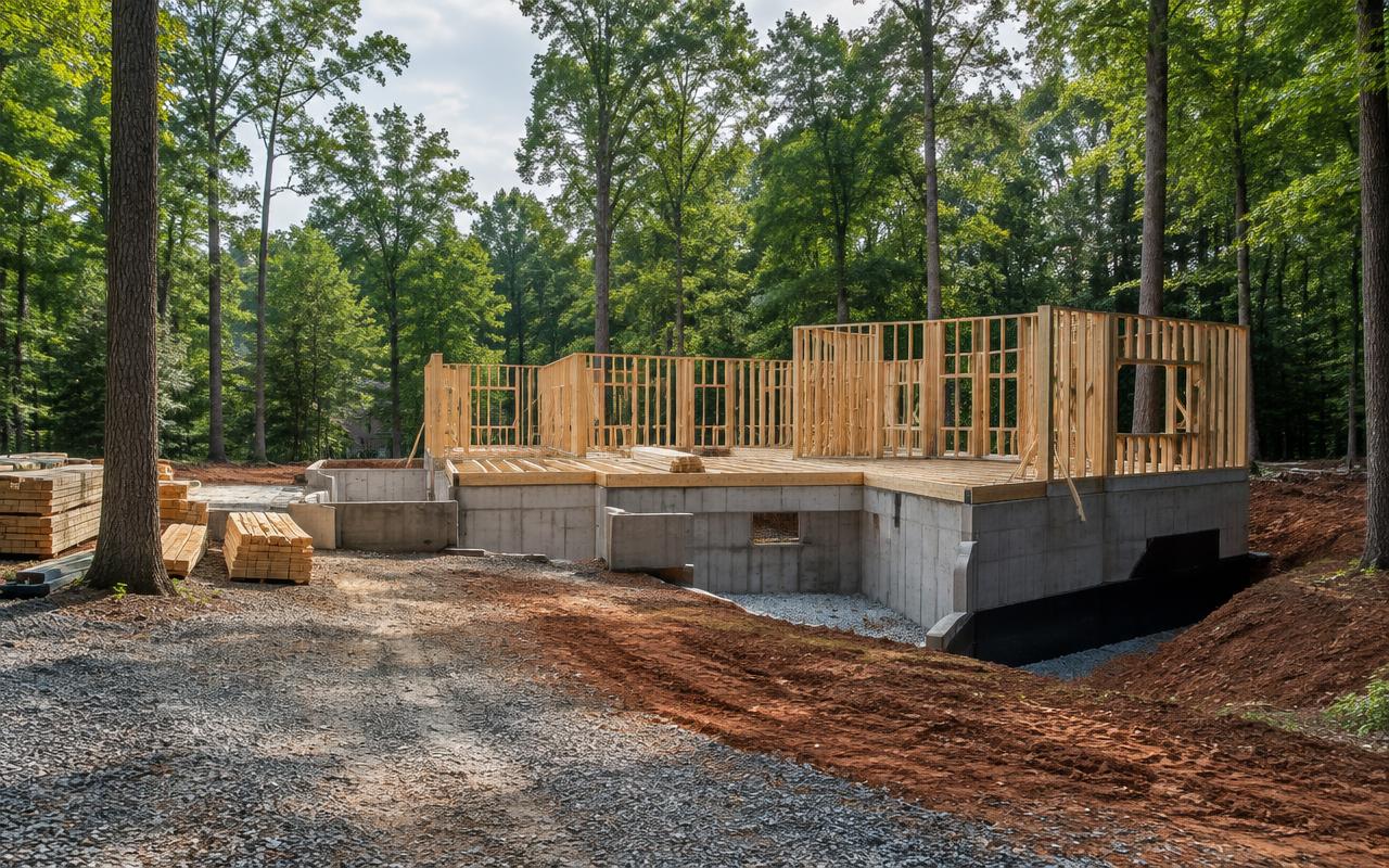 A custom residence taking shape on a wooded Weddington homesite