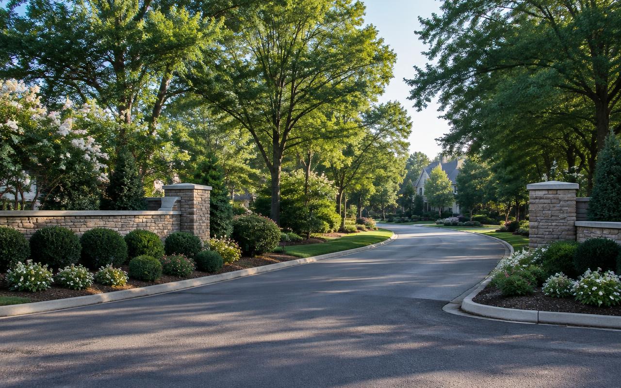Landscaped entrance road in a Weddington estate community