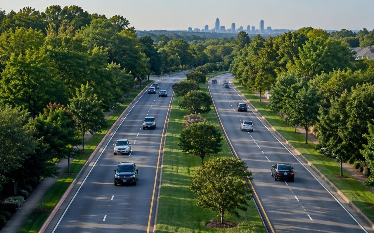Road network through Weddington's wooded residential landscape