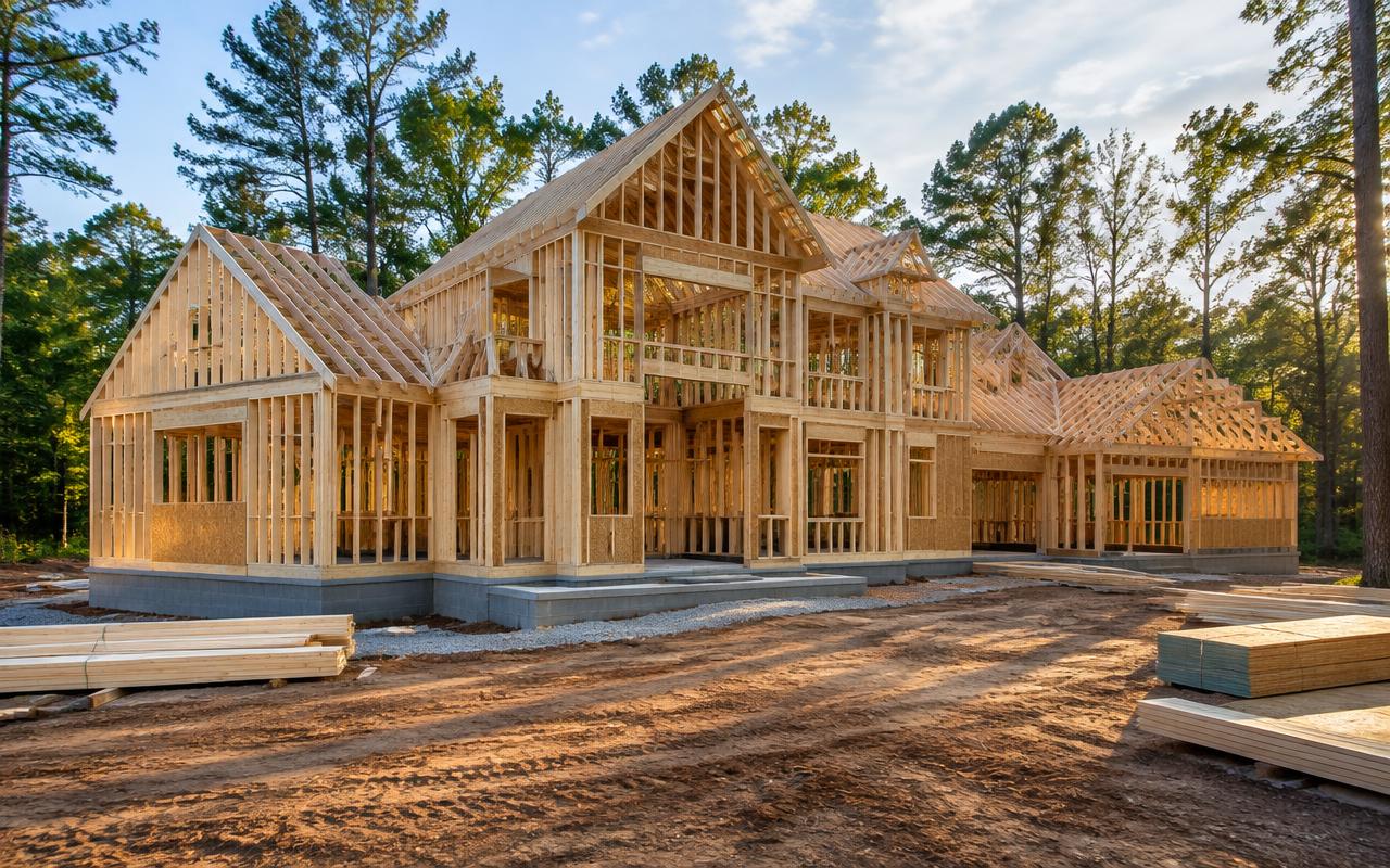 Custom home construction on a wooded Weddington estate lot