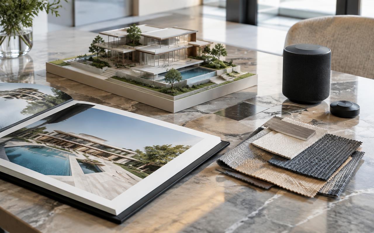 Custom home disciplines represented through architecture, interiors, and technology