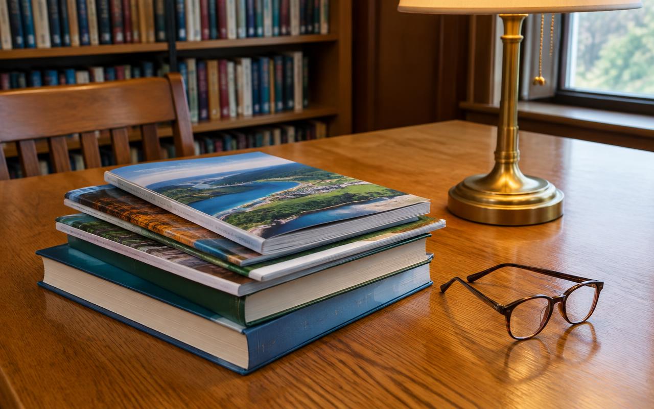 Regional magazines and books on a library table