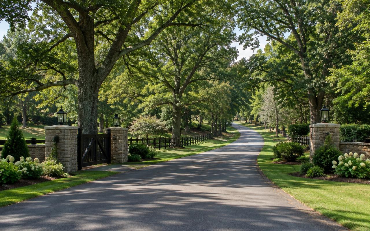 Tree-lined estate road in Weddington, North Carolina