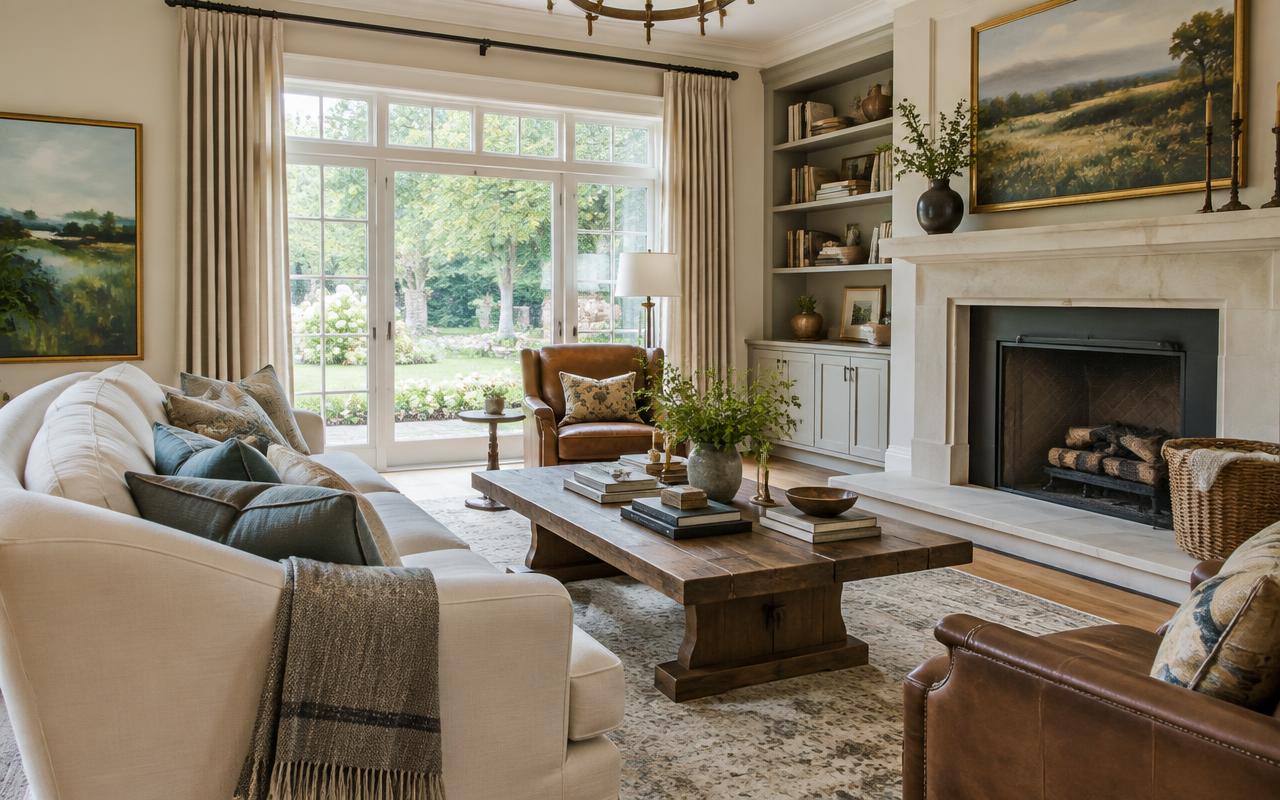 Warm, restrained interior design in a Weddington custom home