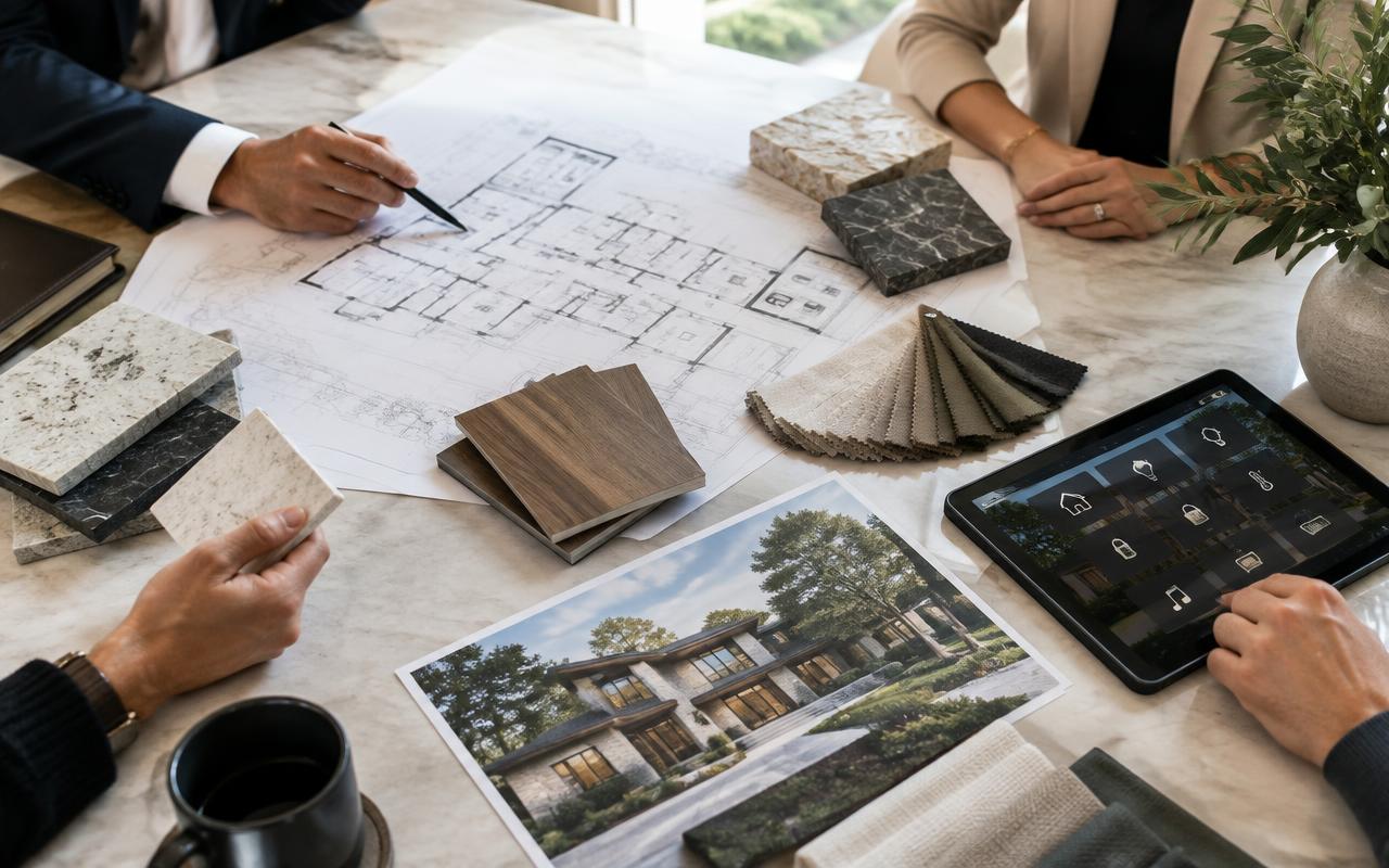 Property specialists collaborating around a custom Weddington home plan