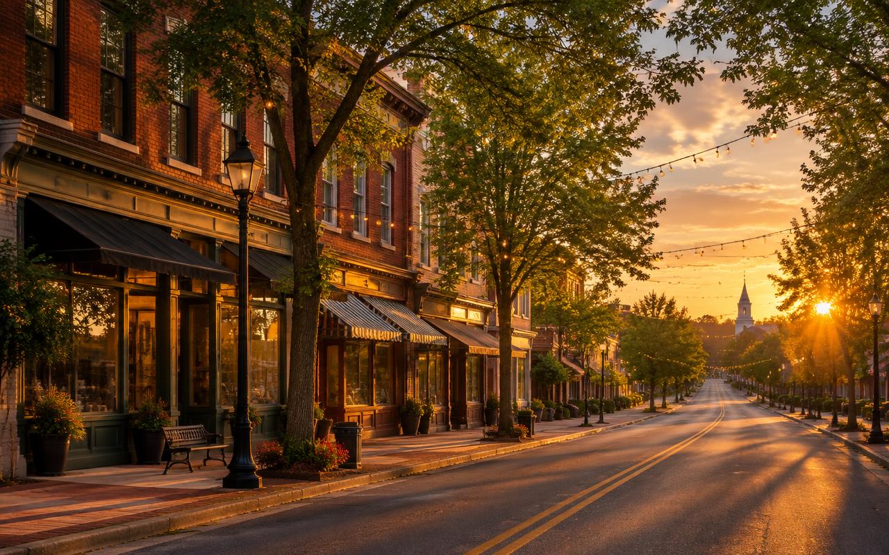 Tree-lined small-town main street at golden hour