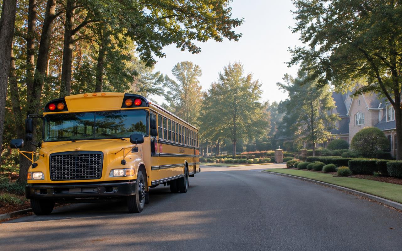 School bus on a tree-lined road beside estate homes in the Weddington area