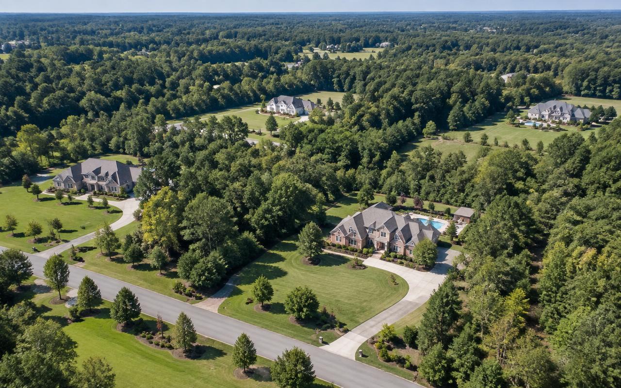 Aerial view of wooded estate properties in Weddington, North Carolina