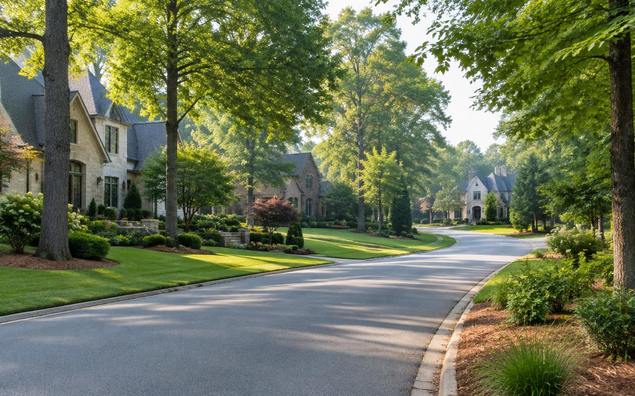 A landscaped estate-neighborhood street in Weddington, North Carolina