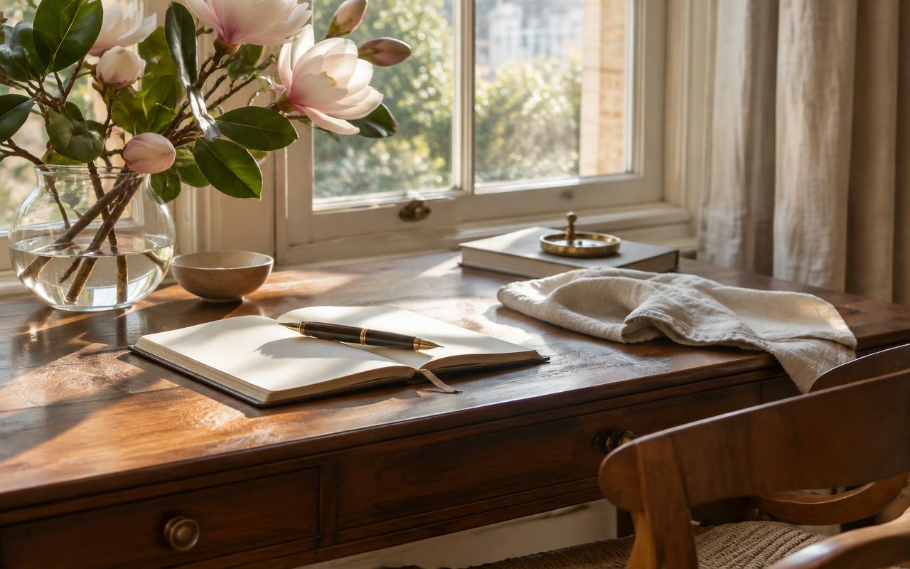 Writing desk with notebook and magnolias