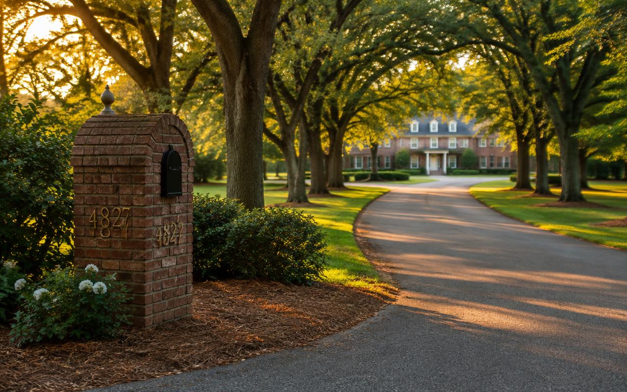 Brick mailbox at the end of a tree-lined estate driveway in Weddington, North Carolina